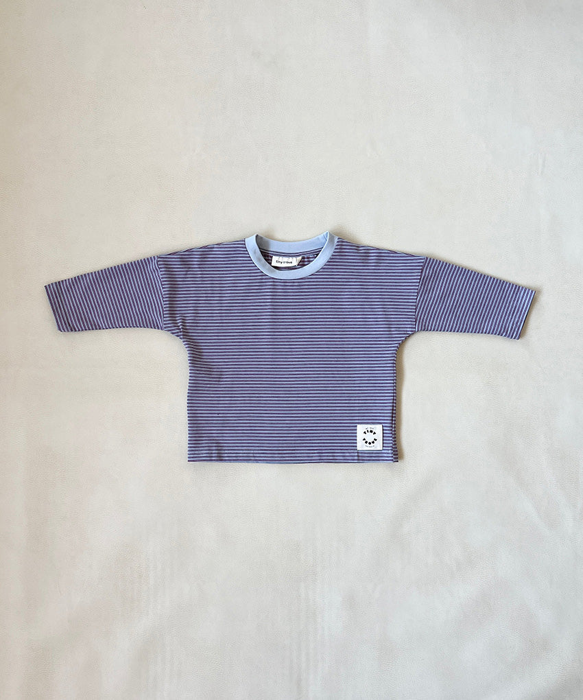 Tiny Trove - Penn Stripe Cotton Long Sleeve Tee - Ivory Blue/Maroon Stripe