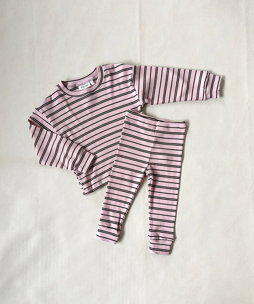 Tiny Trove - Ruka Stripe Rib Cotton Set - Pink/Chocolate Stripe