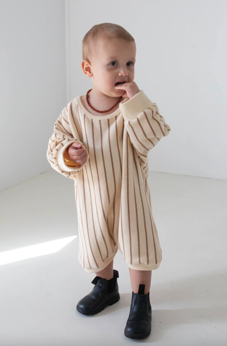 Tiny Trove - Addie Cotton Stripe Romper - Cream/Latte Stripe