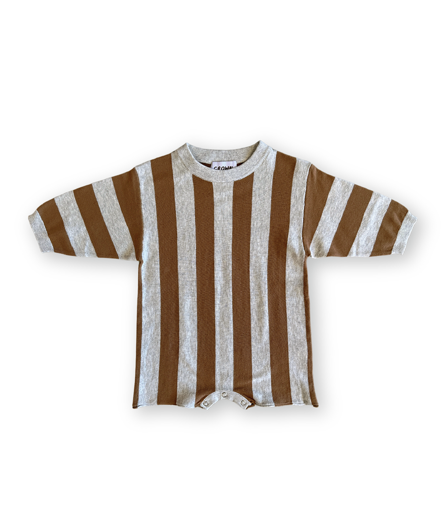 Grown - Organic Vertical Stripe Knit Romper - Grey Marle & Brownie