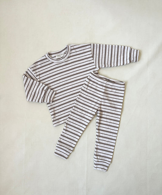 Tiny Trove - Ruka Stripe Rib Cotton Set - Oatmeal Marle/Mocha Stripe