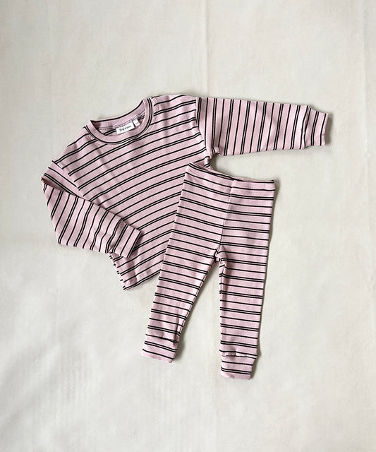 Tiny Trove - Ruka Stripe Rib Cotton Set - Pink/Chocolate Stripe