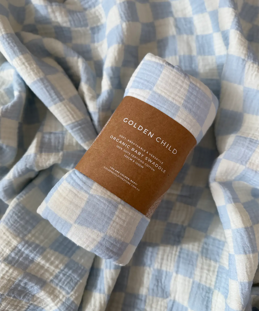 Golden Child - Wavy Check Organic Swaddle - Ocean